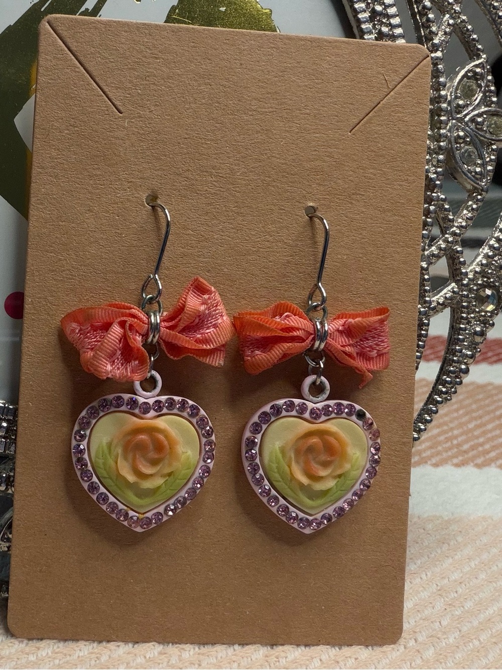 Shabby Chic Peach Ribbon Bow Yellow Rose Heart Drop Earrings Crystal Halo EUC